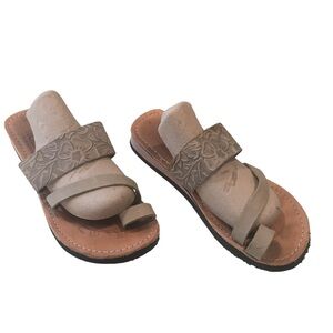 HUSA Tan Floral Leather Slide Summer Beach Sandals Shoes 5